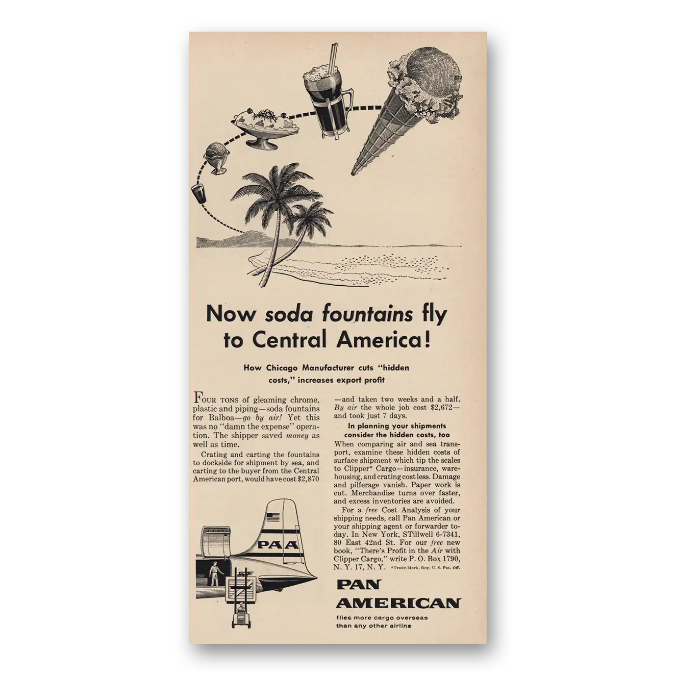 1957 Pan Am Soda Fountains Fly to South America Vintage Magazine Print Ad