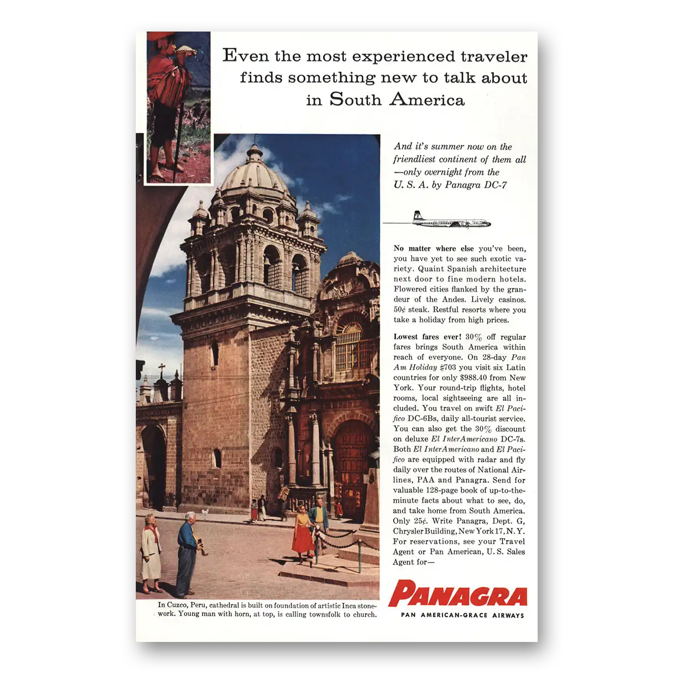 1957 Panagra Cuzco Peru Vintage Magazine Print Ad