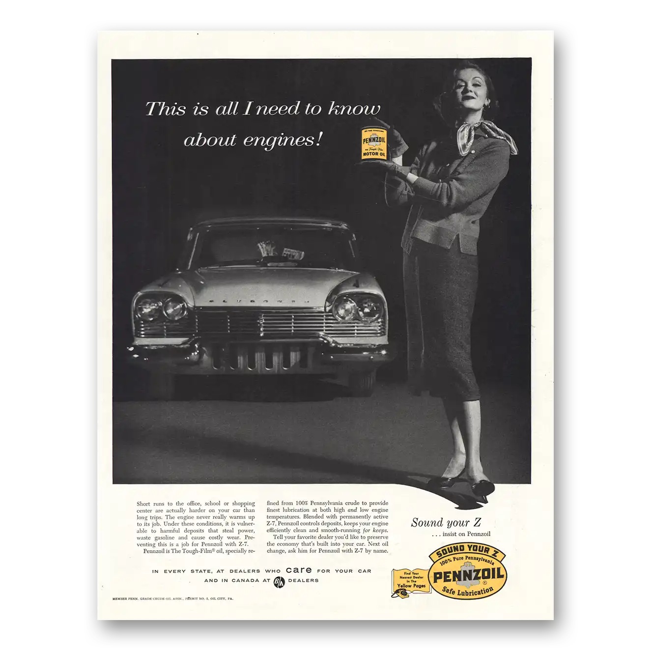 1957 Pennzoil All I Need to Know About Engines Vintage Magazine Print Ad