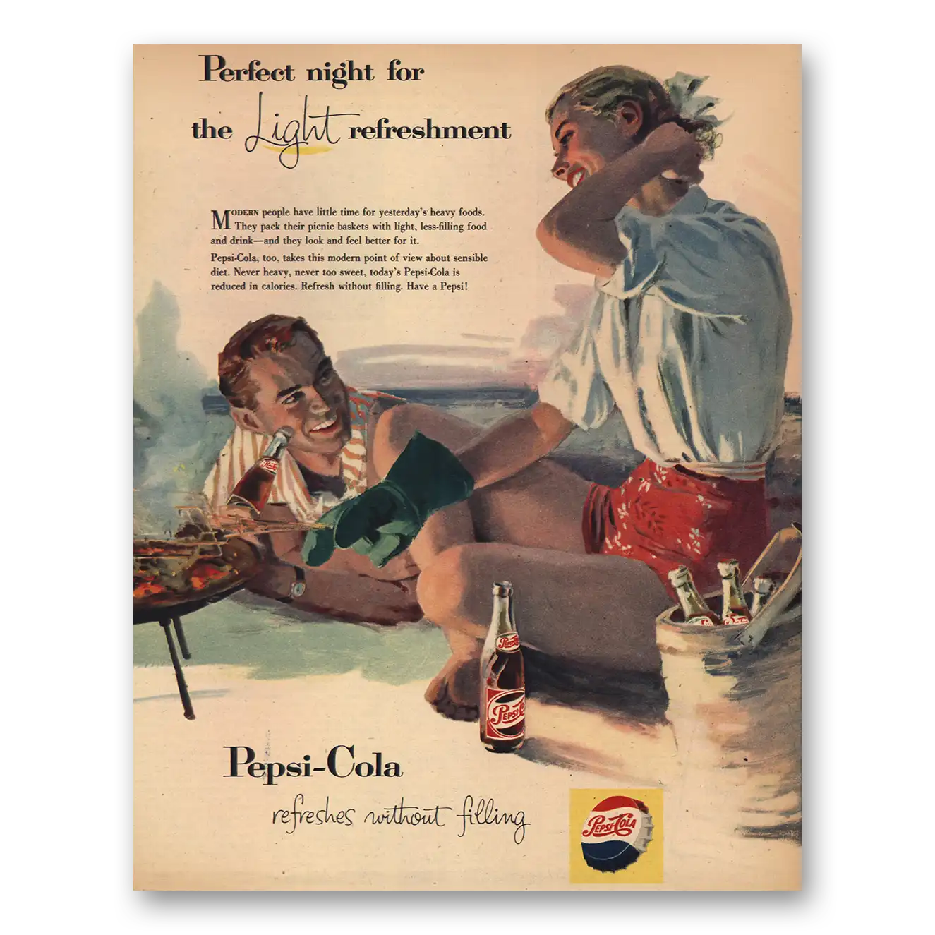 1957 Pepsi Perfect Night Vintage Magazine Print Ad