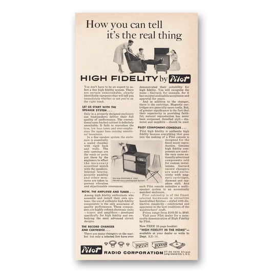 1957 Pilot Radio You Can Tell Real Thing High Fidelity Vintage Magazine Print Ad