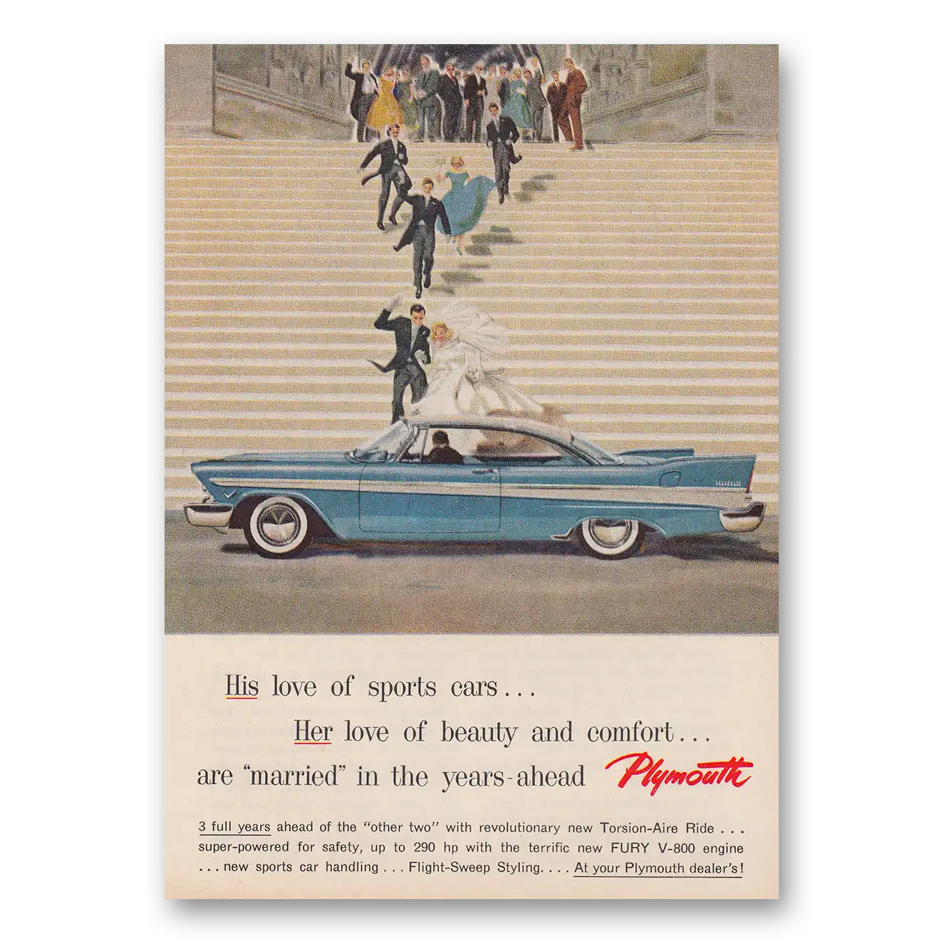 1957 Plymouth Fury His Love of Sports Cars Married Vintage Magazine Print Ad