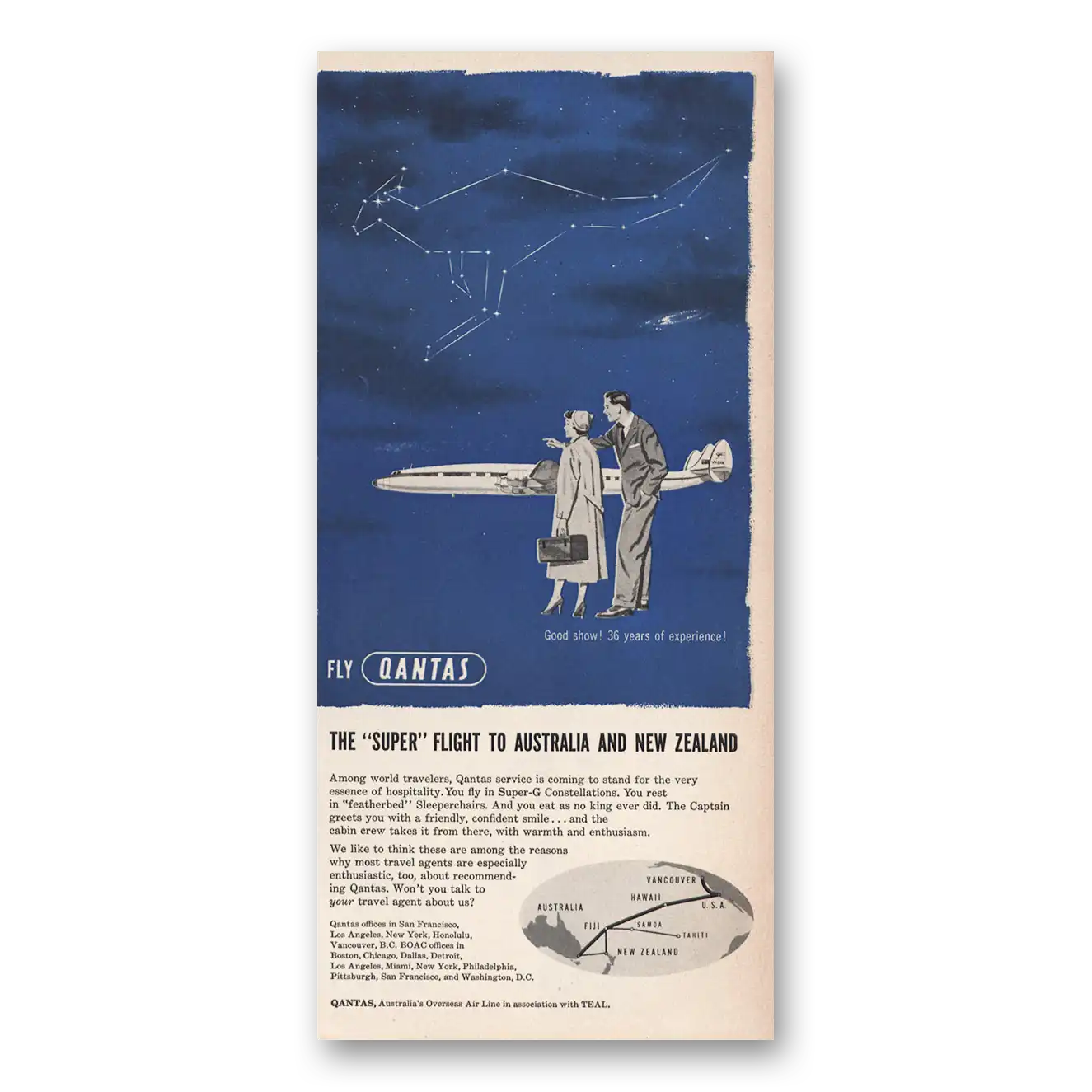 1957 Qantas Airlines Super Flight to Australia and New Zealand Vintage Magazine Print Ad