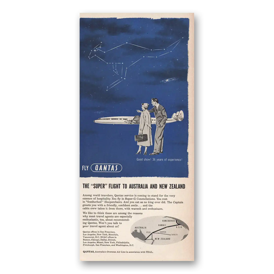 1957 Qantas Airlines Super Flight to Australia and New Zealand Vintage Magazine Print Ad