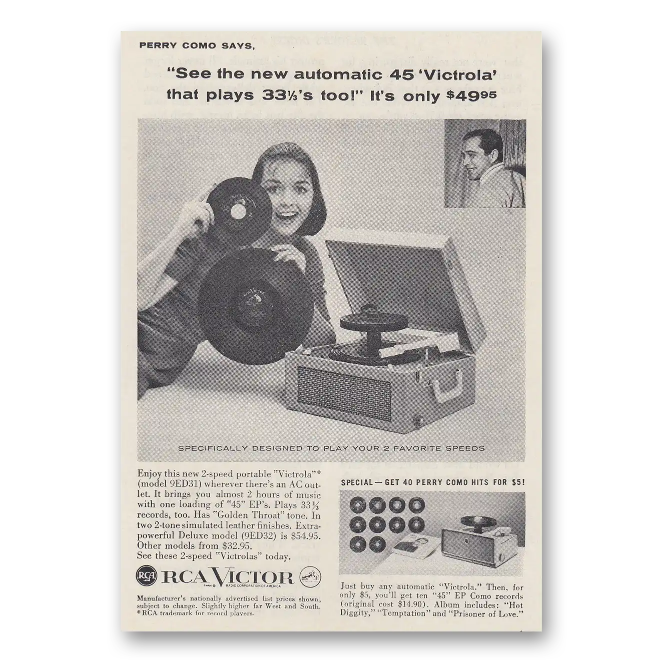 1957 RCA Victor Automatic 45 Victrola That Plays Perry Como Vintage Magazine Print Ad