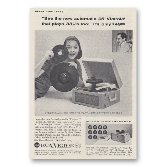 1957 RCA Victor Automatic 45 Victrola That Plays Perry Como Vintage Magazine Print Ad