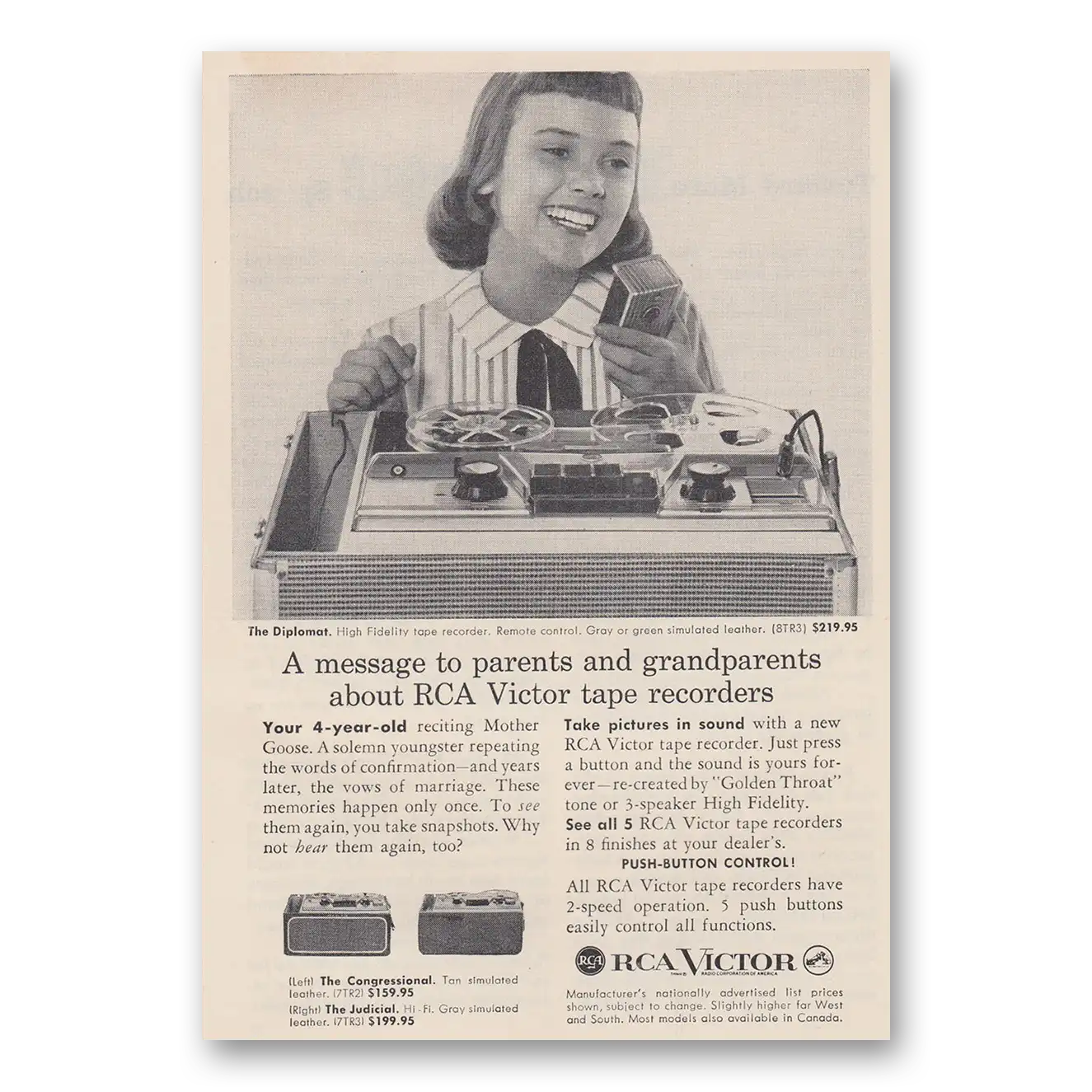 1957 RCA Victor Tape Recorders Message to Parents and Grandparents Vintage Magazine Print Ad