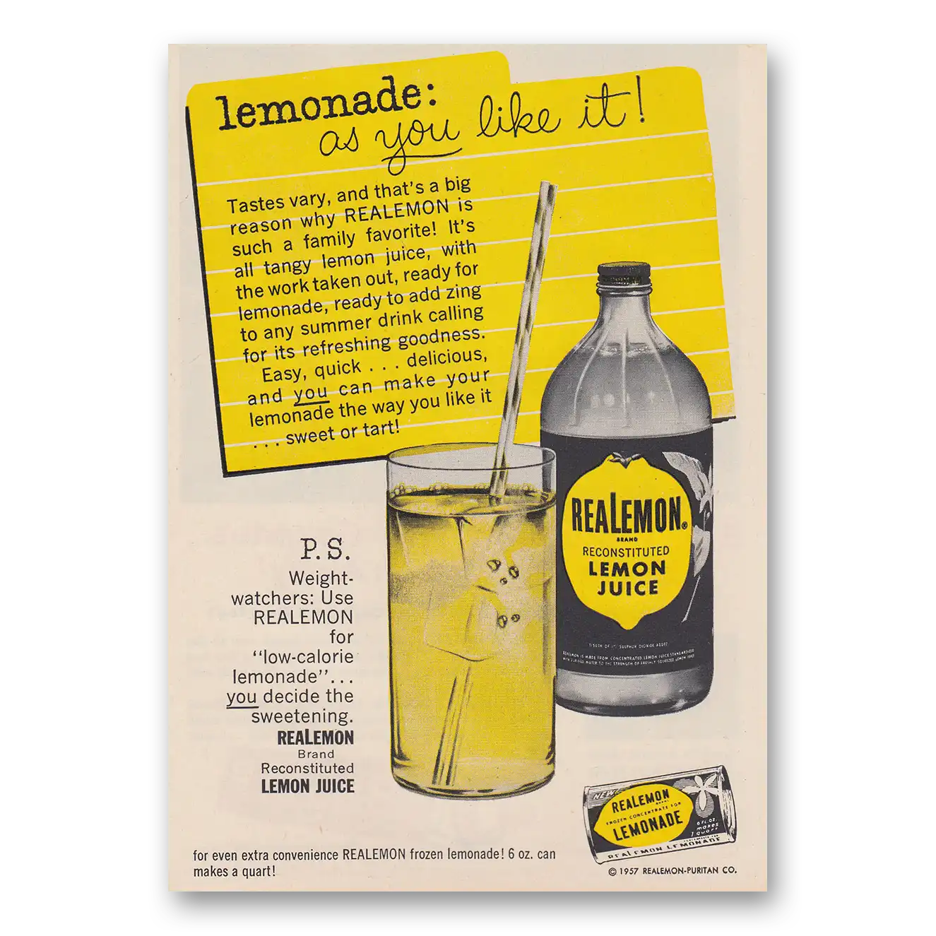 1957 ReaLemon Lemonade As You Like It Vintage Magazine Print Ad