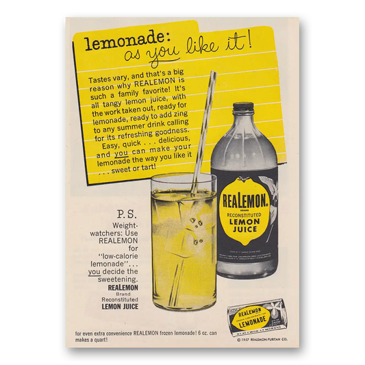 1957 ReaLemon Lemonade As You Like It Vintage Magazine Print Ad