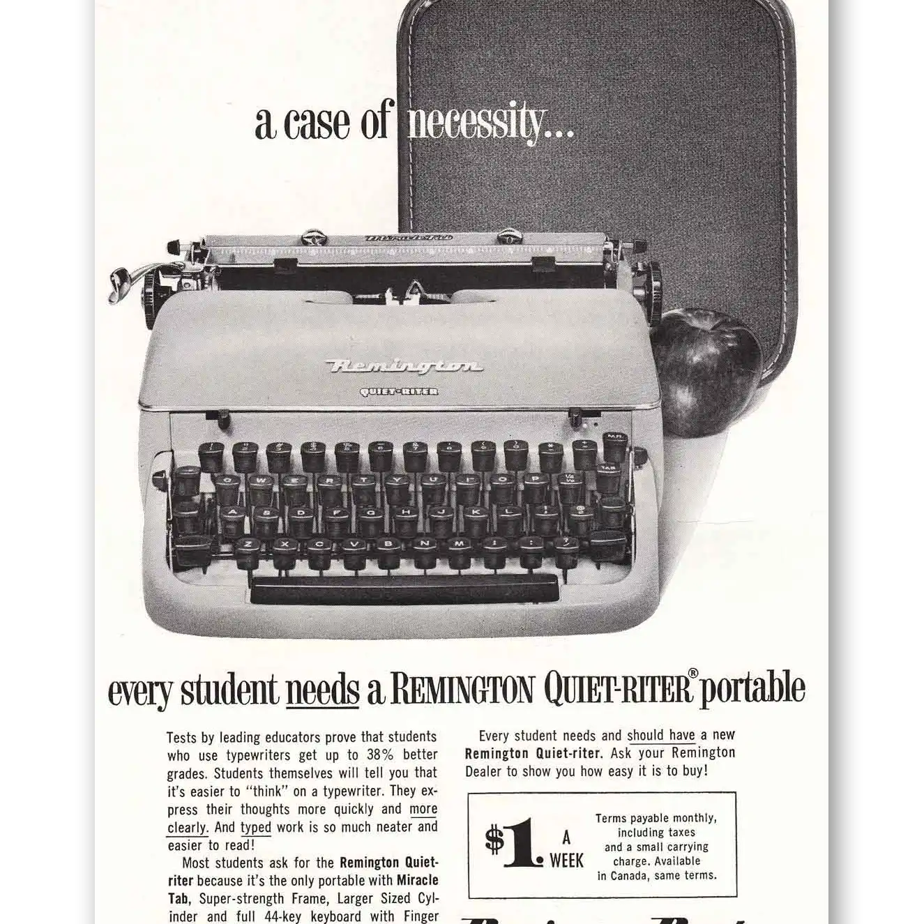 1957 Remington Typewriter Quietriter Typewriter A Case of Necessity Vintage Magazine Print Ad