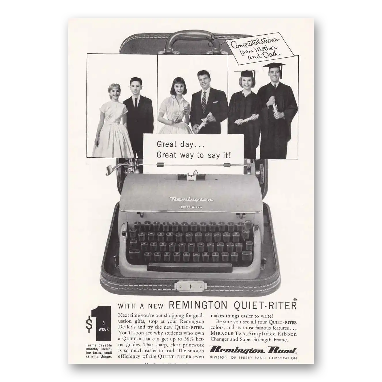 1957 Remington Typewriter Quietriter Great Day Graduates Vintage Magazine Print Ad