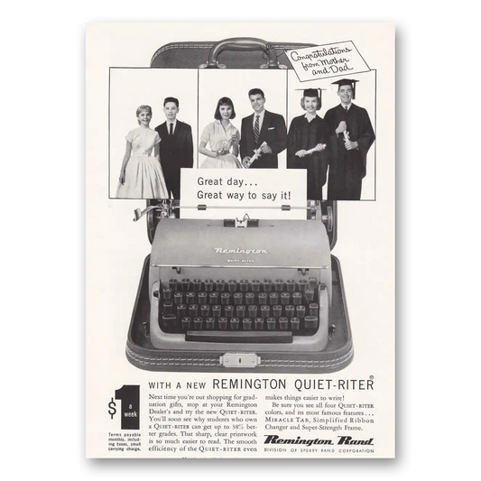 1957 Remington Typewriter Quietriter Great Day Graduates Vintage Magazine Print Ad