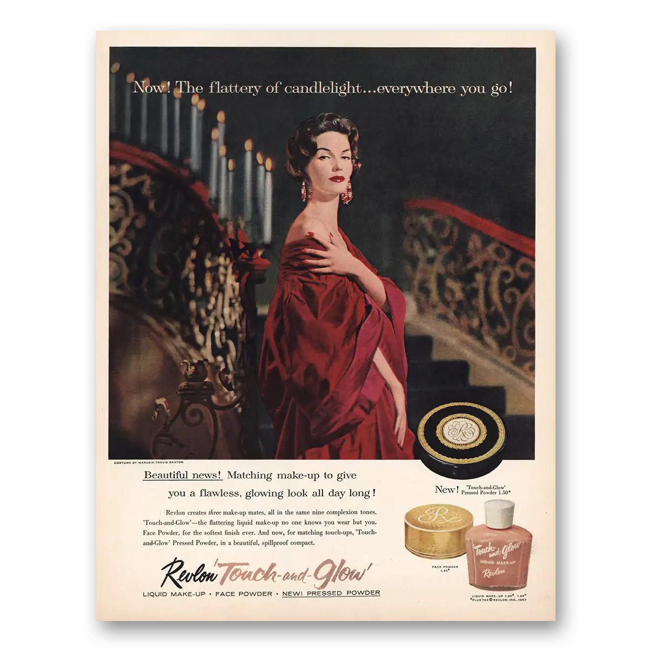 1957 Revlon Touch and Glow Liquid Makeup Flattery of Candlelight Touch and Glow Vintage Magazine Print Ad