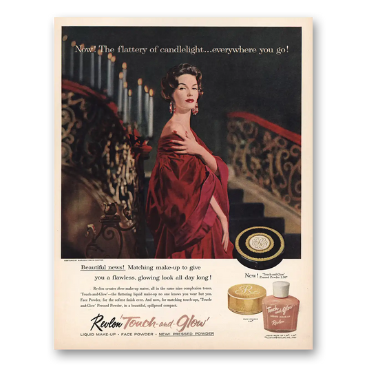 1957 Revlon Touch and Glow Liquid Makeup Flattery of Candlelight Touch and Glow Vintage Magazine Print Ad