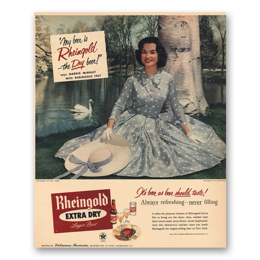 1957 Rheingold Beer Margie McNally Miss Rheingold Swan Vintage Magazine Print Ad