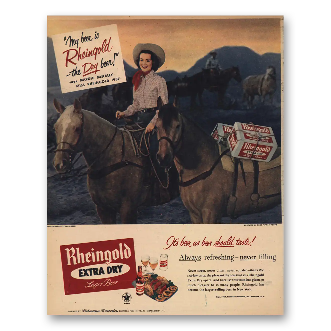 1957 Rheingold Beer Margie McNally Miss Rheingold Horse Vintage Magazine Print Ad