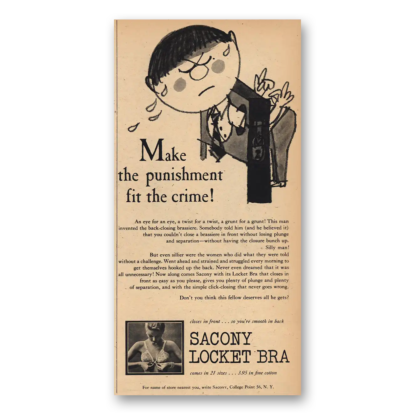 1957 Sacony Punishment Fit Crime Vintage Magazine Print Ad