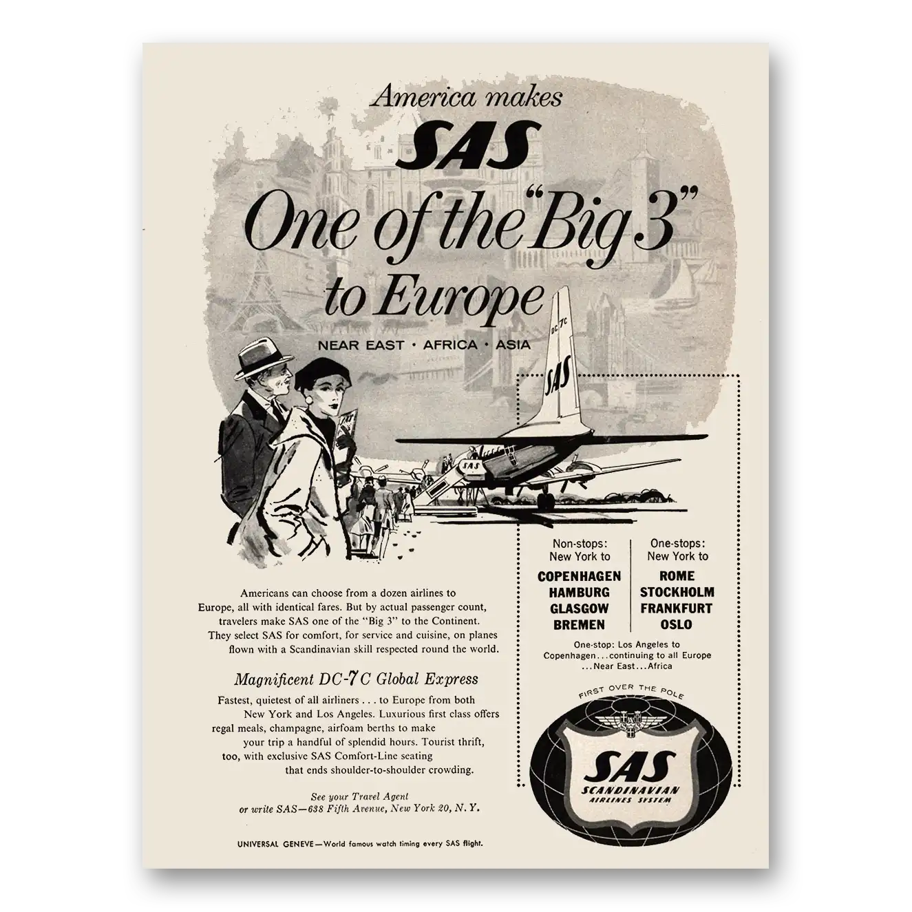 1957 SAS Scandinavian Airlines One of the Big 3 to Europe Vintage Magazine Print Ad