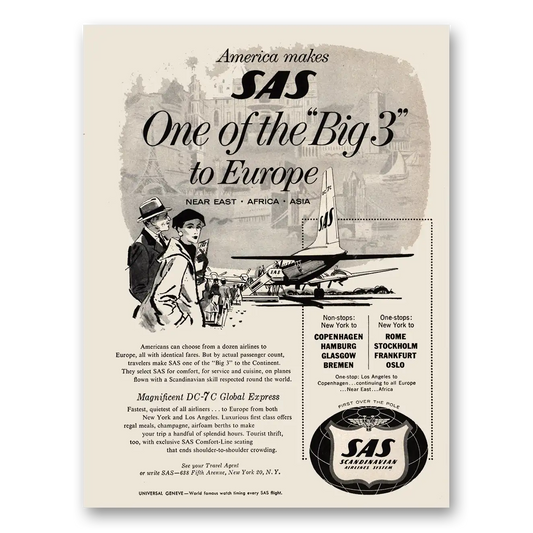 1957 SAS Scandinavian Airlines One of the Big 3 to Europe Vintage Magazine Print Ad