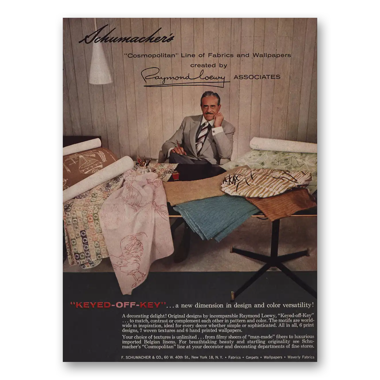 1957 F Schumacher Cosmopolitan Line of Fabrics Vintage Magazine Print Ad