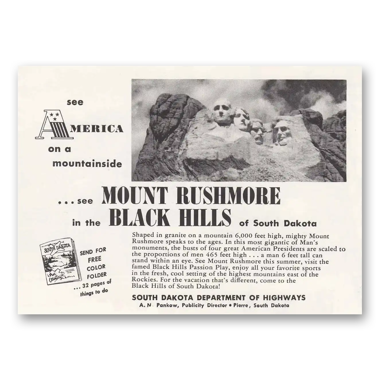 1957 South Dakota Mount Rushmore See American on a Mountainside Vintage Magazine Print Ad