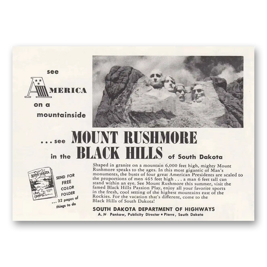 1957 South Dakota Mount Rushmore See American on a Mountainside Vintage Magazine Print Ad