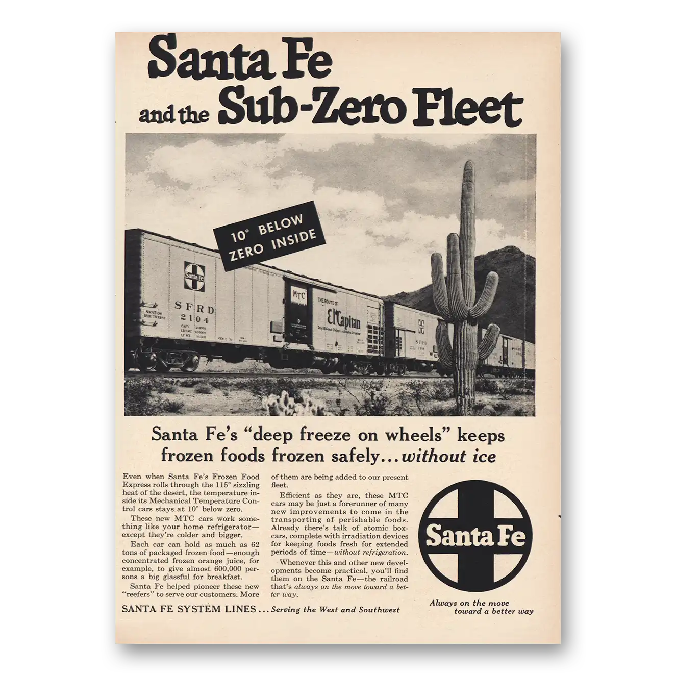 1957 Santa Fe Railway Sub Zero Fleet Vintage Magazine Print Ad