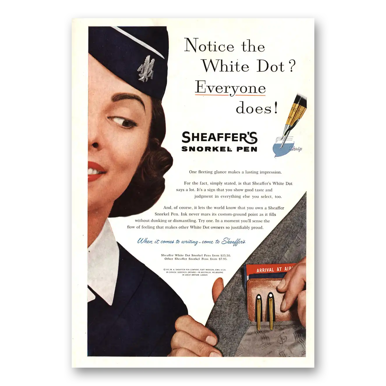 1957 Sheaffers Snorkel Pen Notice the White Dot Vintage Magazine Print Ad