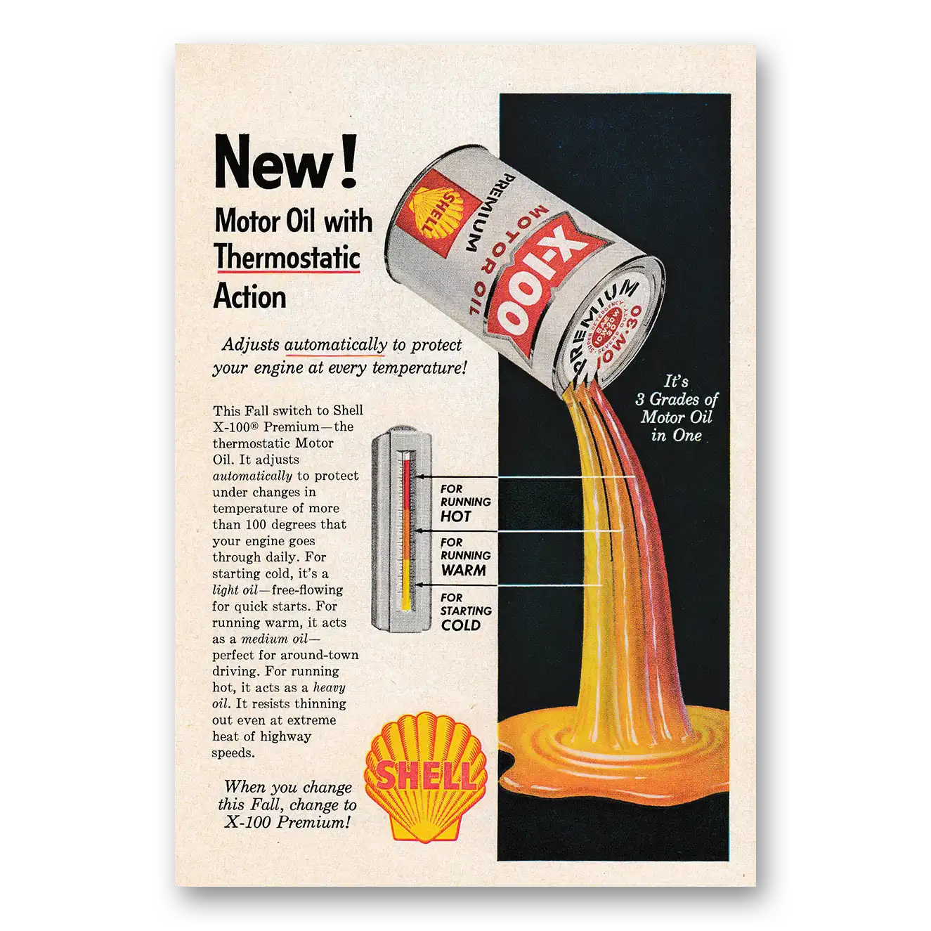 1957 Shell Motor Oil With Thermostatic Action Vintage Magazine Print Ad