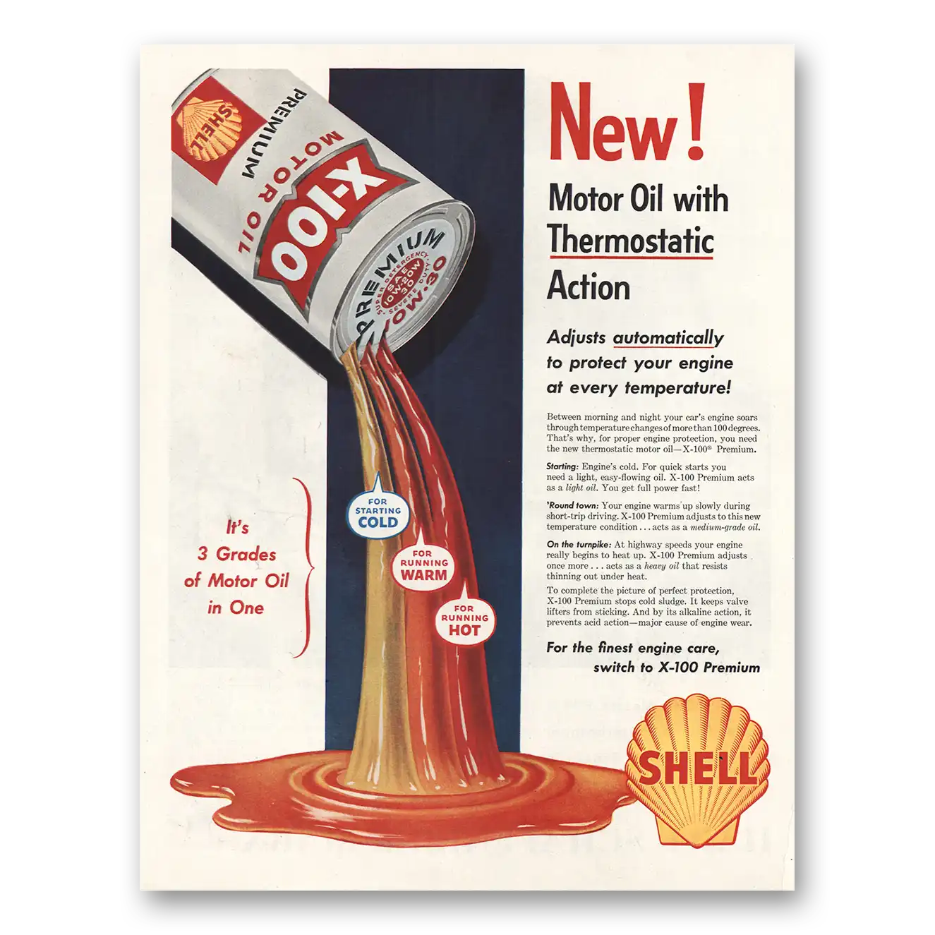 1957 Shell Motor Oil Thermostatic Action Vintage Magazine Print Ad