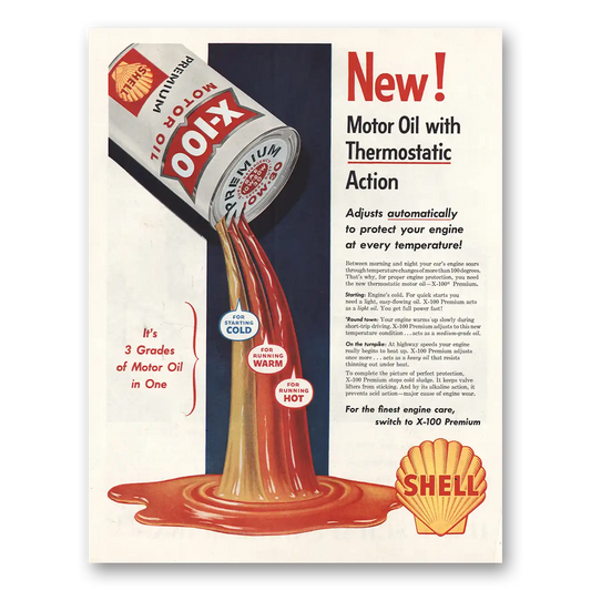 1957 Shell Motor Oil Thermostatic Action Vintage Magazine Print Ad