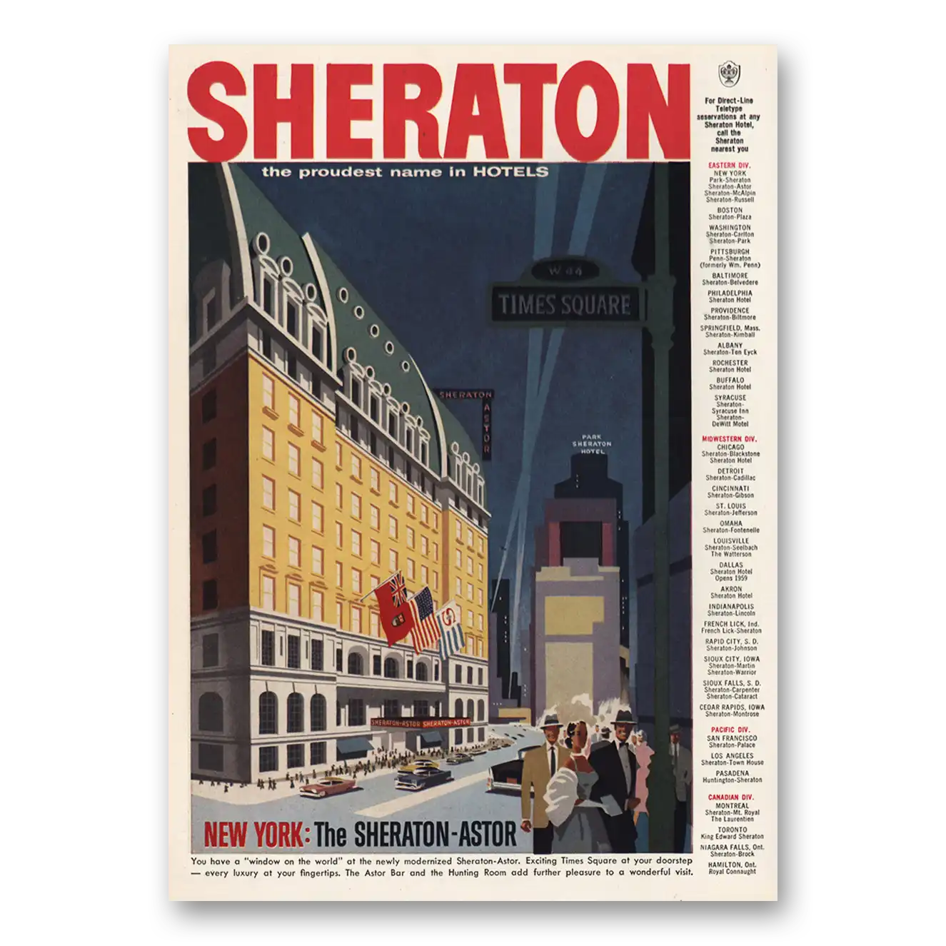 1957 Sheraton Astor Hotel New York Times Square Vintage Magazine Print Ad