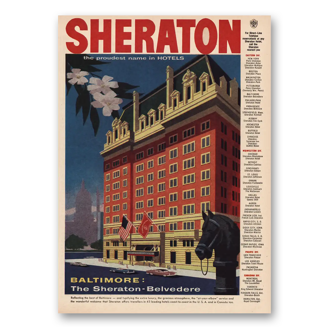 1957 Sheraton Belvedere Hotel Baltimore Vintage Magazine Print Ad