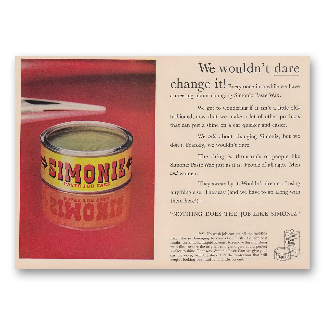 1957 Simoniz Car Wax We Wouldn't Dare Change It Vintage Magazine Print Ad