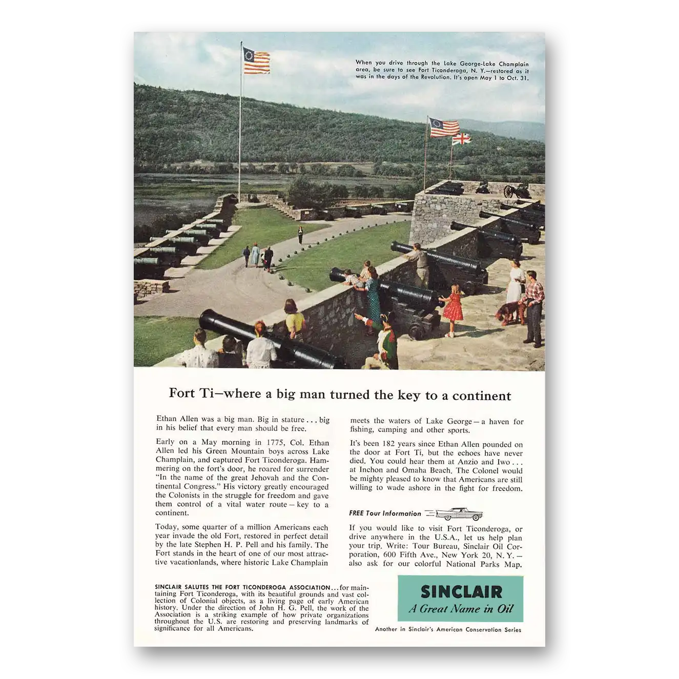 1957 Sinclair Fort Ticonderoga New York Vintage Magazine Print Ad