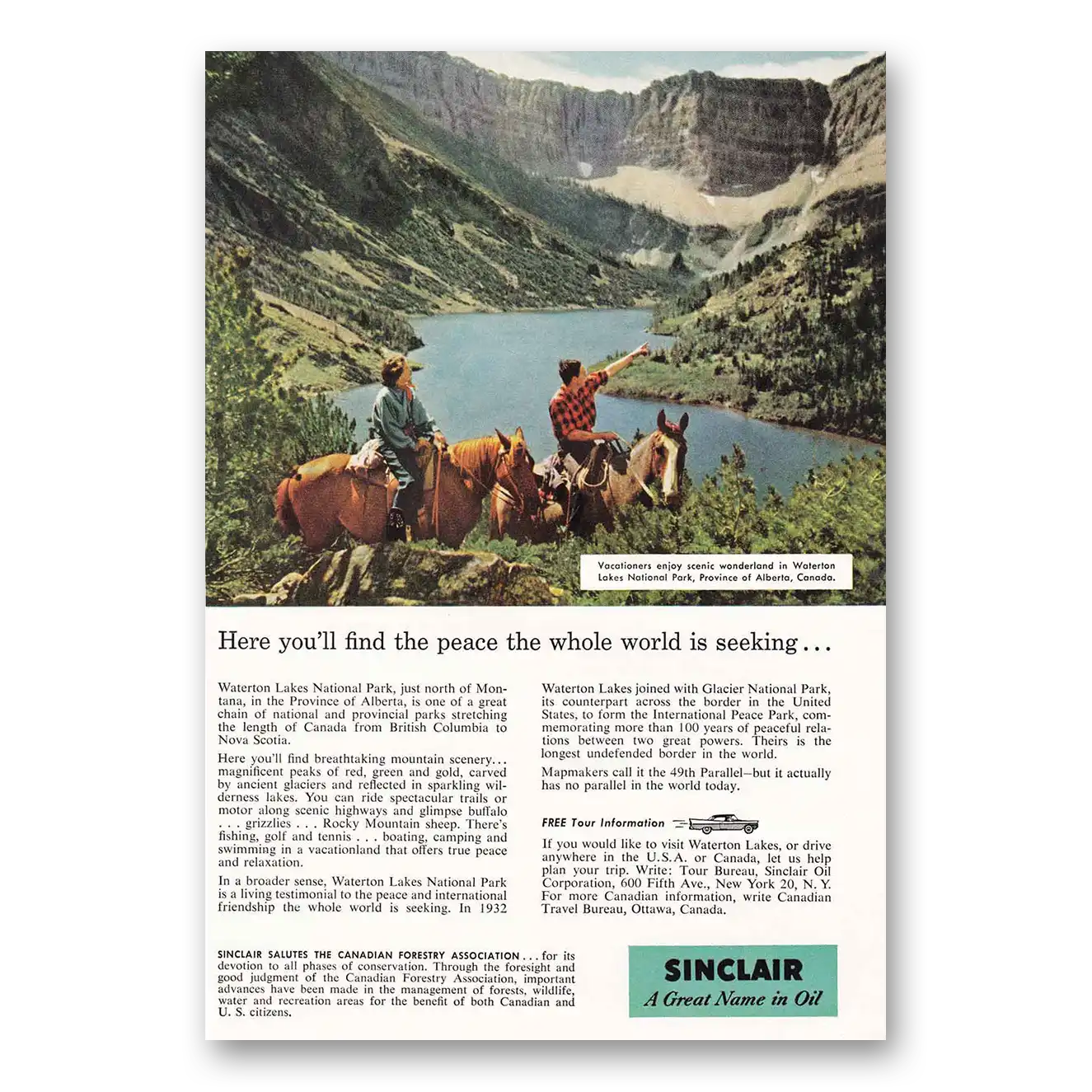 1957 Sinclair Waterton Lakes National Park Vintage Magazine Print Ad