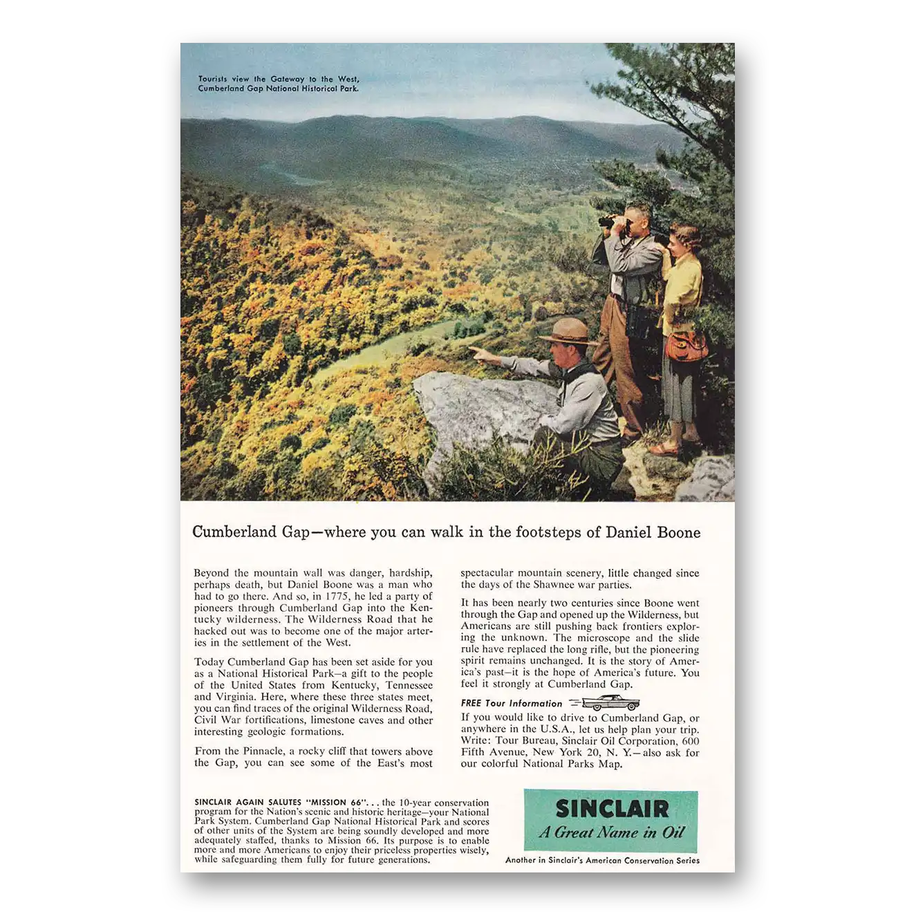 1957 Sinclair Cumberland Gap Vintage Magazine Print Ad