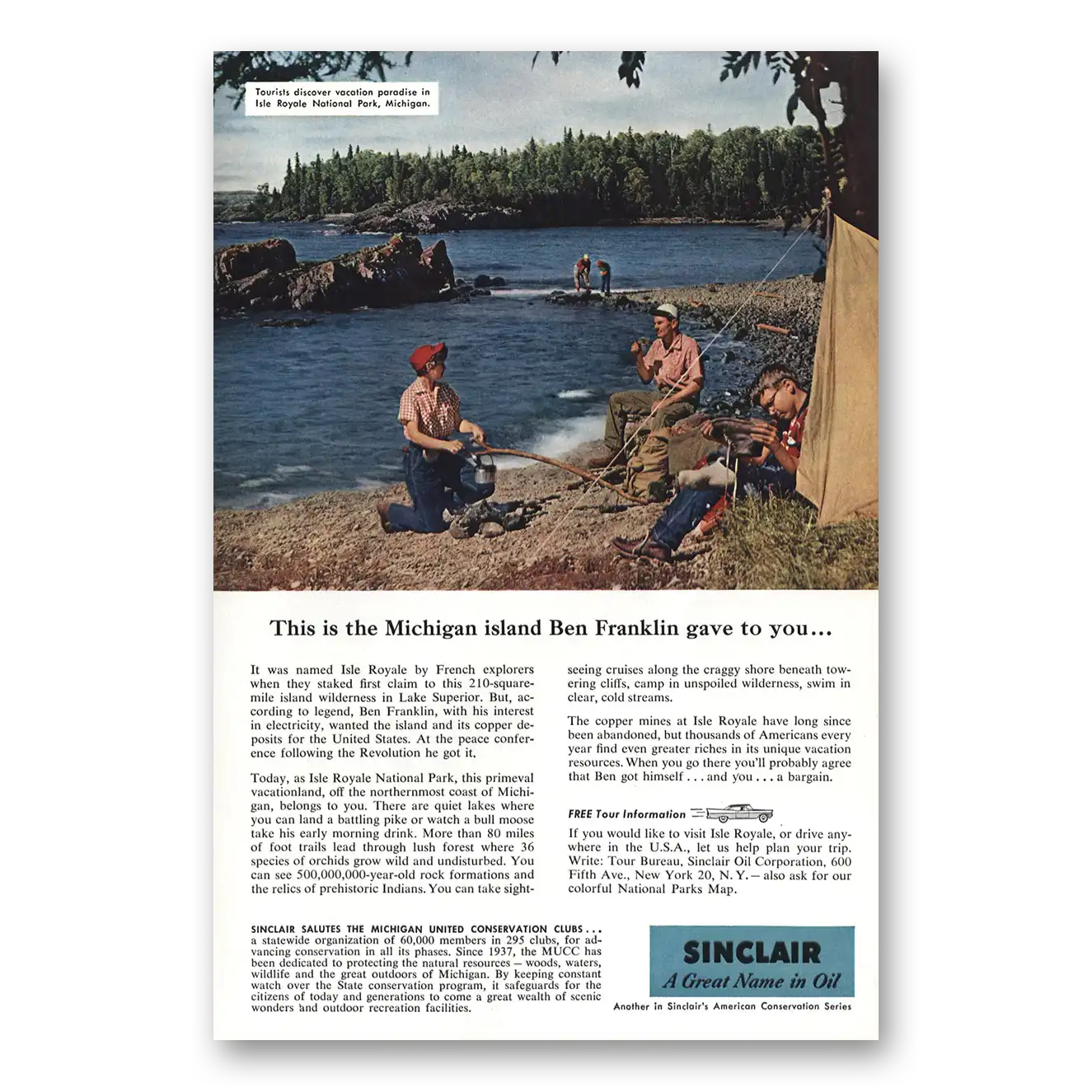 1957 Sinclair Michigan Island Ben Franklin Gave Vintage Magazine Print Ad