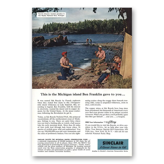 1957 Sinclair Michigan Island Ben Franklin Gave Vintage Magazine Print Ad