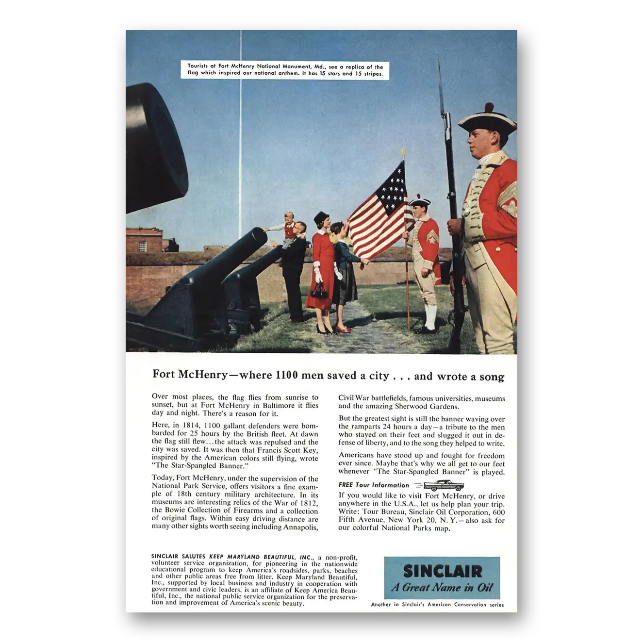 1957 Sinclair Fort McHenry Vintage Magazine Print Ad