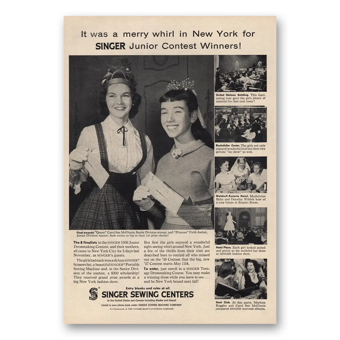 1957 Singer Sewing Centers Junior Contest Winners Vintage Magazine Print Ad