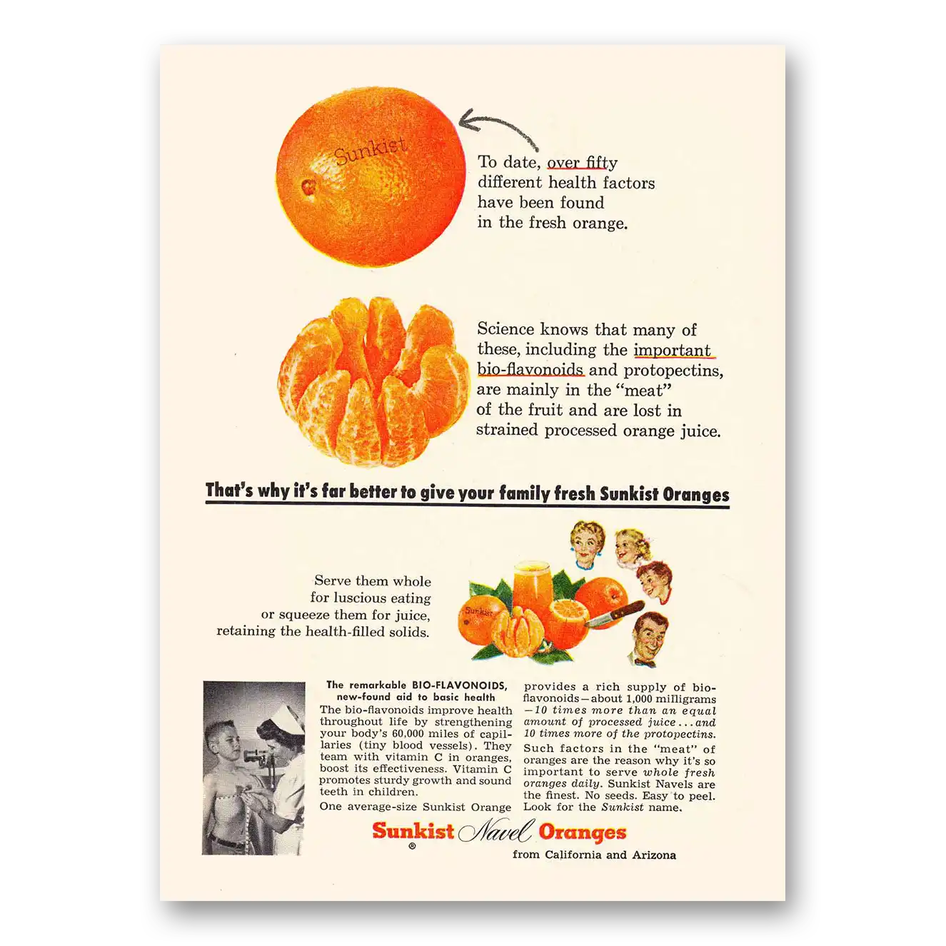 1957 Sunkist Navel Oranges Far Better To Give Your Family Vintage Magazine Print Ad