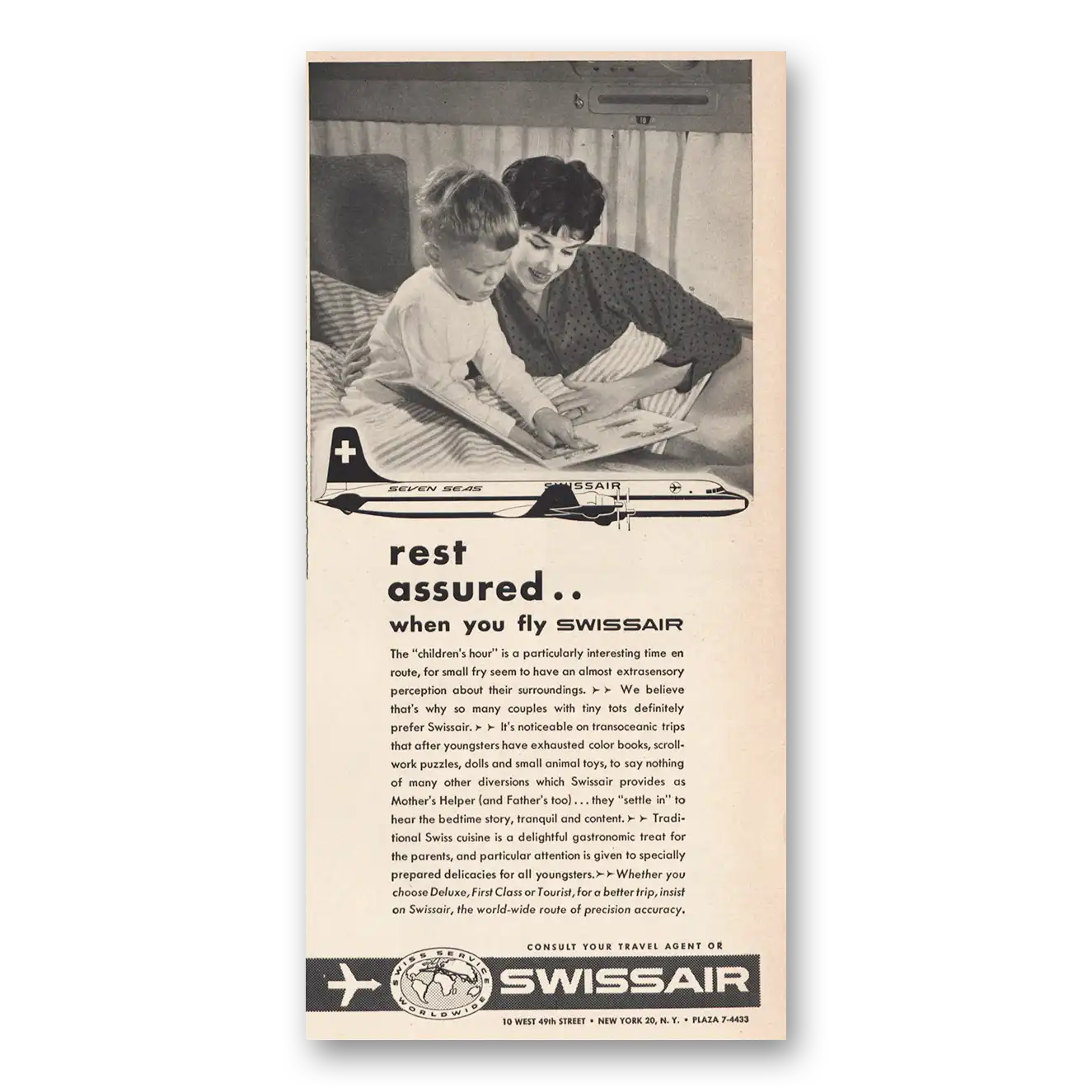 1957 Swissair Rest Assured When You Fly Vintage Magazine Print Ad