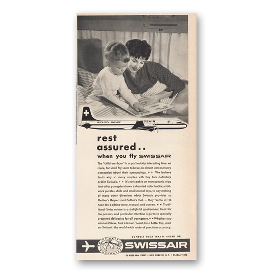 1957 Swissair Rest Assured When You Fly Vintage Magazine Print Ad