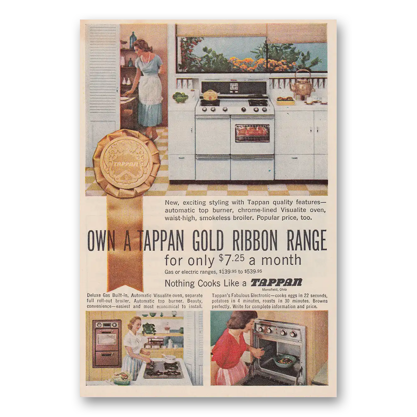 1957 Tappan Range Own a Tappan Gold Ribbon Range Vintage Magazine Print Ad