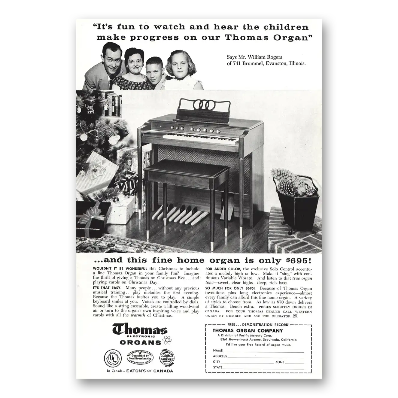 1957 Thomas Organs William Rogers Vintage Magazine Print Ad