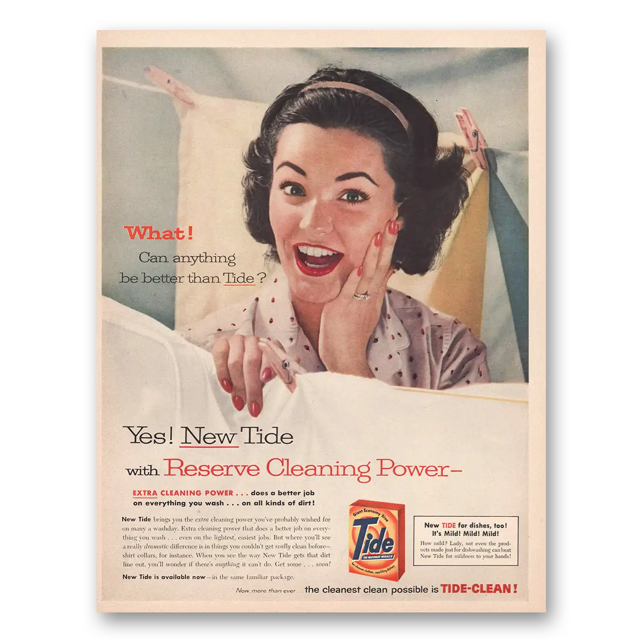 1957 Tide Detergent Reserve Cleaning Power Vintage Magazine Print Ad