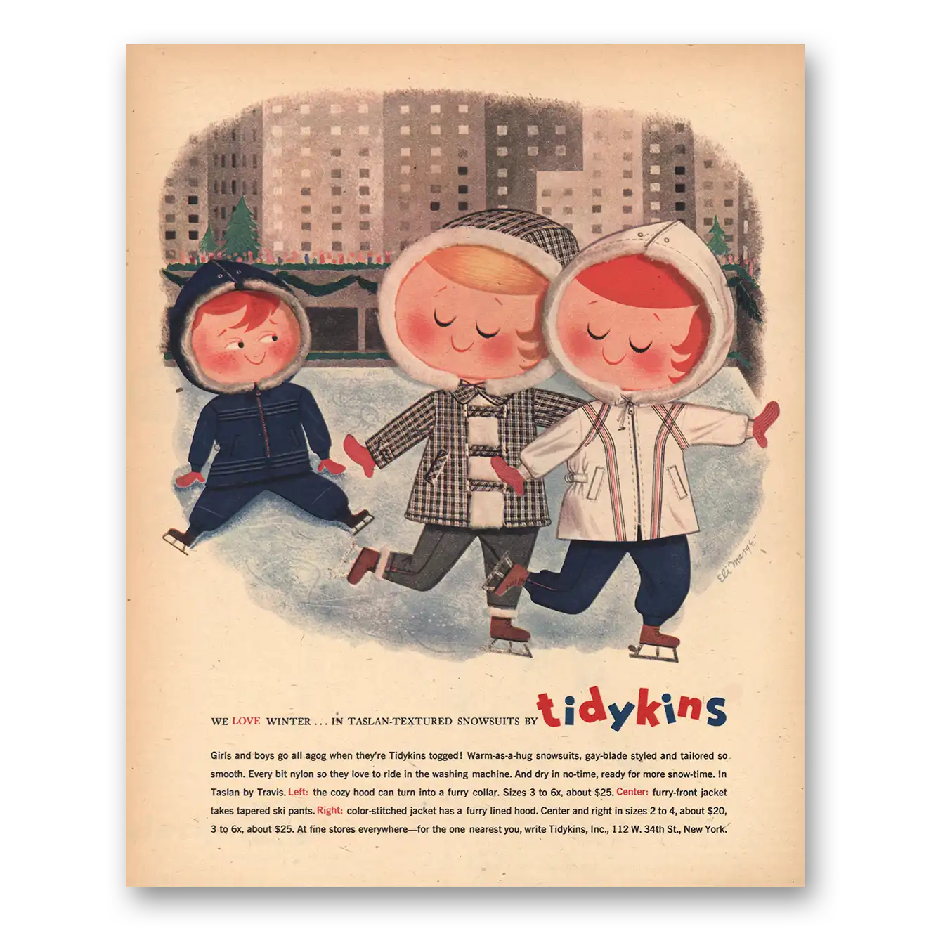 1957 Tidykins We Love Winter Vintage Magazine Print Ad