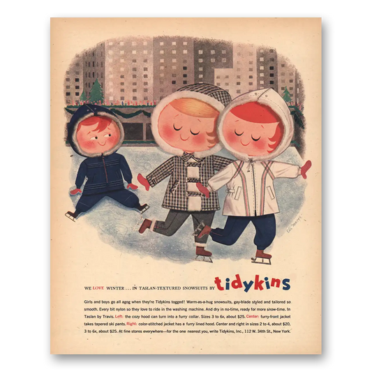 1957 Tidykins We Love Winter Vintage Magazine Print Ad