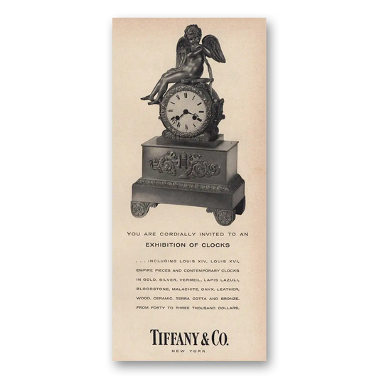 1957 Tiffany & Co Exhibition of Clocks Vintage Magazine Print Ad